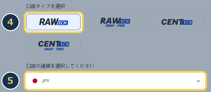 手順4・5：RAW ECNを選択し、口座通貨を選ぶ。JPYは日本円入金時のおすすめ例