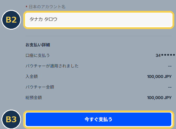 B2・B3：カタカナの入力欄と「今すぐ支払う」の位置